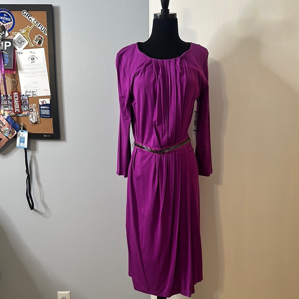 Purple Midi Sheath Dress with Long Raglan Sleeves and Crew Neck for Work